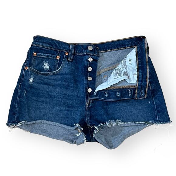 Levi's 501 High Rise Dark Wash Cut-Off Denim Shorts Distressed Womens Size 30 - Picture 4 of 9